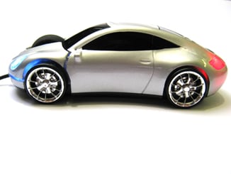 Myš ve tvaru auta Porsche optická USB svítící stříbrná - Myš PC auto USB svítí přední i zadní světla