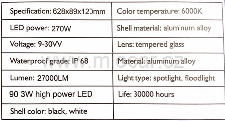 Pracovní světlo Led, Off-road světlo 90 LED 270W COMBO - rozměry, parametr  pracovní svelto led (2)
